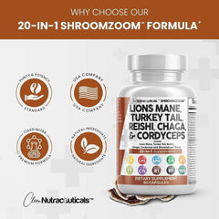 Clean Nutraceuticals Lions Mane 3000mg 20in1 Mushroom Supplement With Turkey Tail 2000mg Reishi 1000mg Cordyceps Chaga 1000mg Maitake Meshima Poria Cocos Shiitake Oyster Porcini Enoki 60 Count - Showlu Well Nation Store