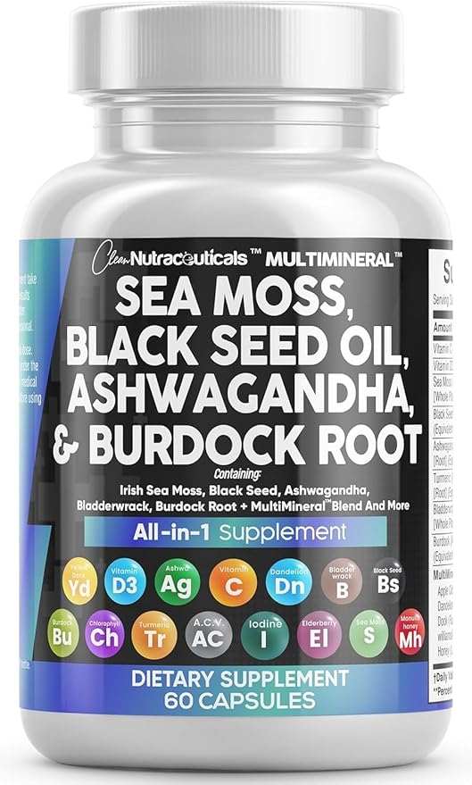 Clean Nutraceuticals Sea Moss Black Seed Oil Ashwagandha Turmeric Bladderwrack Burdock & Vitamin C Vitamin D3 with Elderberry Manuka Dandelion Yellow Dock Iodine Chlorophyll ACV - Showlu Well Nation Store