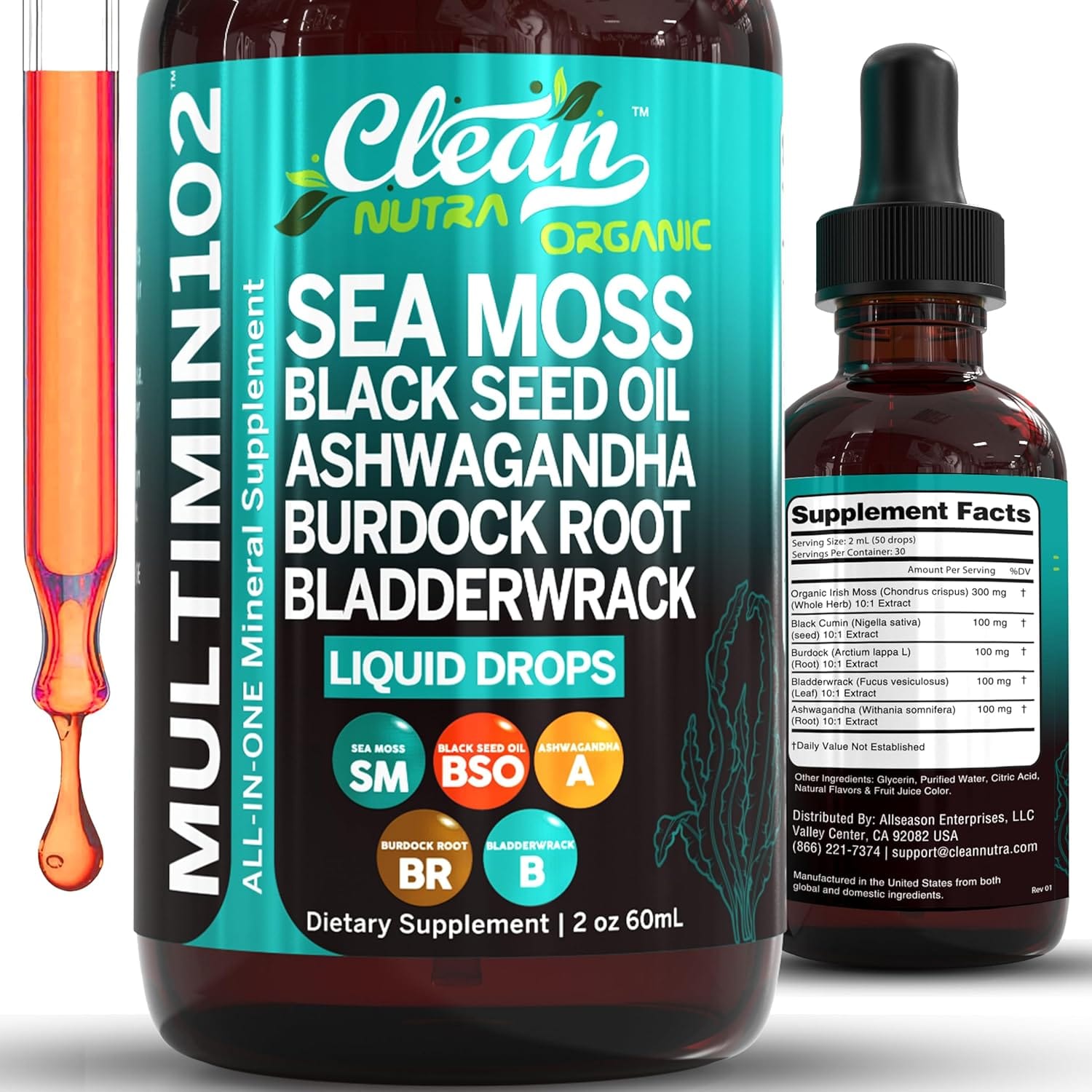 Clean Nutraceuticals Sea Moss Liquid Drops Supplement with Black Seed Oil Ashwagandha Burdock Root & Bladderwrack - Multimineral Organic Non - GMO Vegan for Gut Heath Skin Immune Support Hair - Showlu Well Nation Store