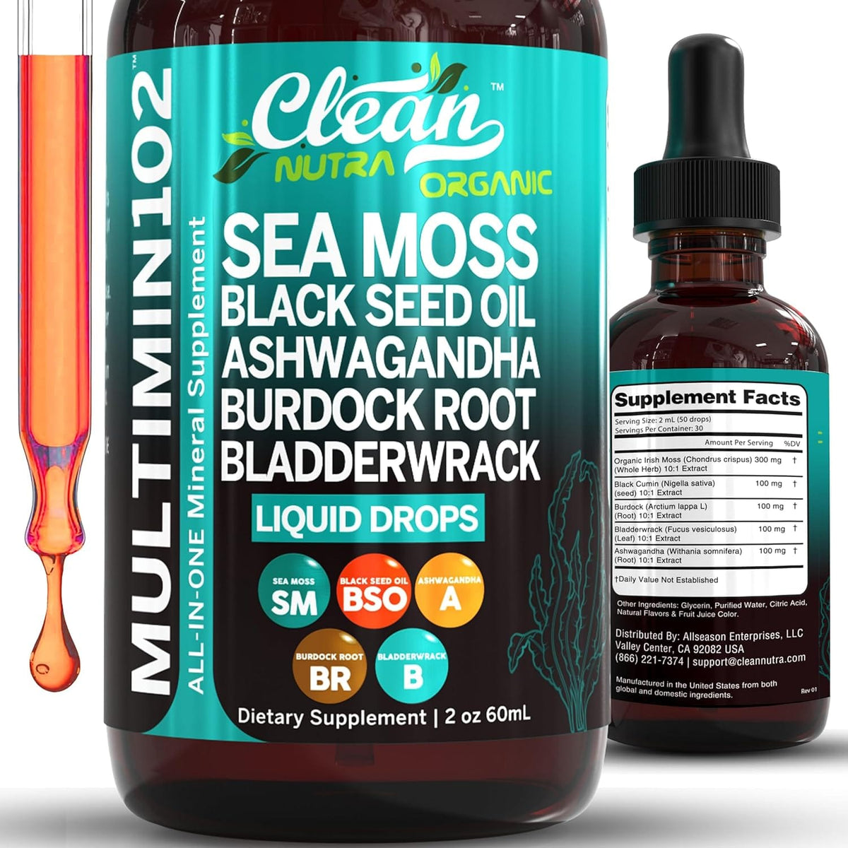 Clean Nutraceuticals Sea Moss Liquid Drops Supplement with Black Seed Oil Ashwagandha Burdock Root & Bladderwrack - Multimineral Organic Non - GMO Vegan for Gut Heath Skin Immune Support Hair - Showlu Well Nation Store