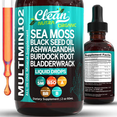 Clean Nutraceuticals Sea Moss Liquid Drops Supplement with Black Seed Oil Ashwagandha Burdock Root & Bladderwrack - Multimineral Organic Non - GMO Vegan for Gut Heath Skin Immune Support Hair - Showlu Well Nation Store