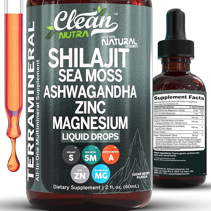 Clean Nutraceuticals Shilajit Liquid Drops with Sea Moss, Ashwagandha, Zinc, Magnesium, Liquid Vitamins for Women and Men - Terra Mineral - Showlu Well Nation Store