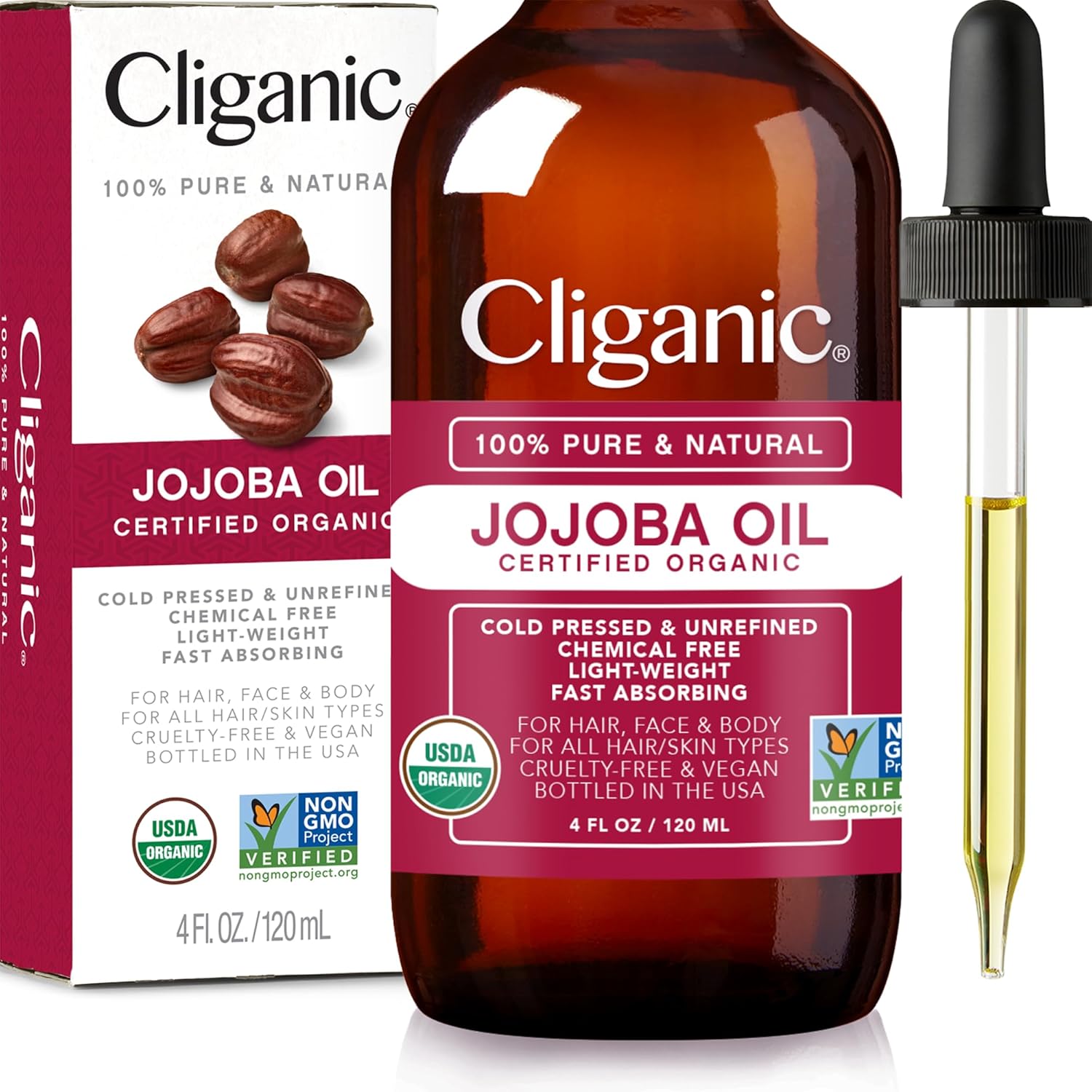 Cliganic Organic Jojoba Oil, 100% Pure (4oz) | Moisturizing Oil for Face, Hair, Skin & Nails | Natural Cold Pressed Hexane Free | Base Carrier Oil - Showlu Well Nation Store