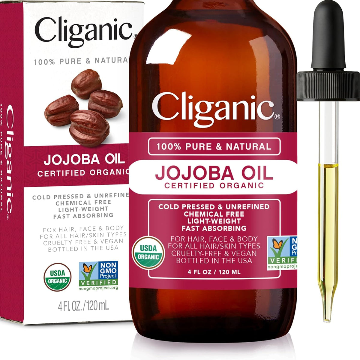 Cliganic Organic Jojoba Oil, 100% Pure (4oz) | Moisturizing Oil for Face, Hair, Skin & Nails | Natural Cold Pressed Hexane Free | Base Carrier Oil - Showlu Well Nation Store