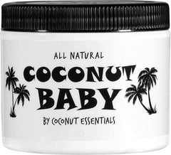 Jar of all natural Coconut Baby Oil by Coconut Essentials with black lid and palm tree design on white container