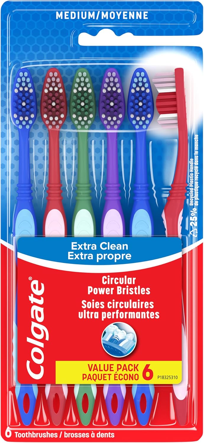 Colgate Extra Clean Toothbrush, Medium Bulk Toothbrush Pack, Adult Medium Bristle Toothbrushes with Ergonomic Handle and Circular Cleaning Bristles, Helps Remove Surface Stains, 6 Pack - Showlu Well Nation Store