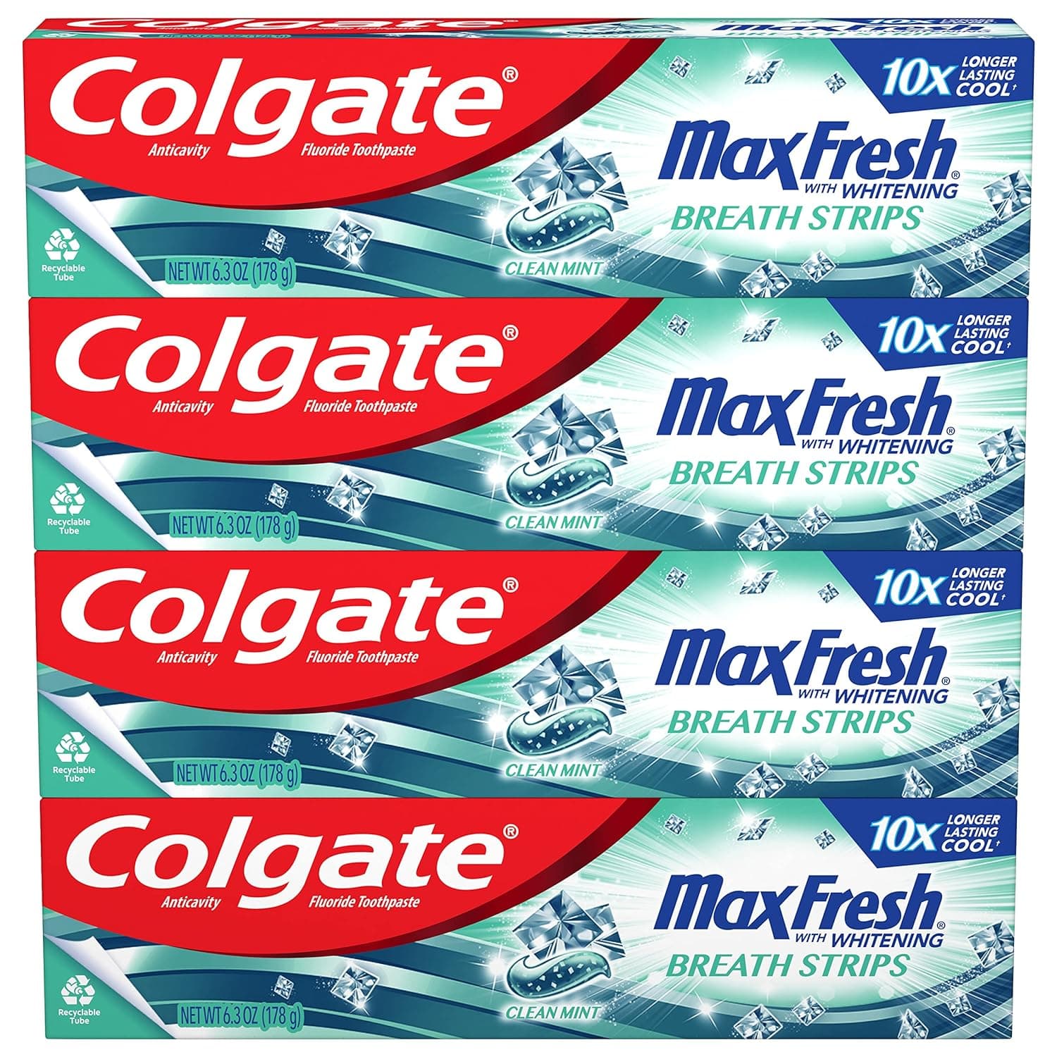 Colgate Max Fresh Whitening Toothpaste with Mini Strips, Clean Mint Toothpaste for Bad Breath, Helps Fight Cavities, Whitens Teeth, and Freshens Breath, 6.3 Ounce (Pack of 4) - Showlu Well Nation Store