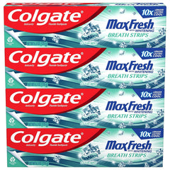 Colgate Max Fresh Whitening Toothpaste with Mini Strips, Clean Mint Toothpaste for Bad Breath, Helps Fight Cavities, Whitens Teeth, and Freshens Breath, 6.3 Ounce (Pack of 4) - Showlu Well Nation Store