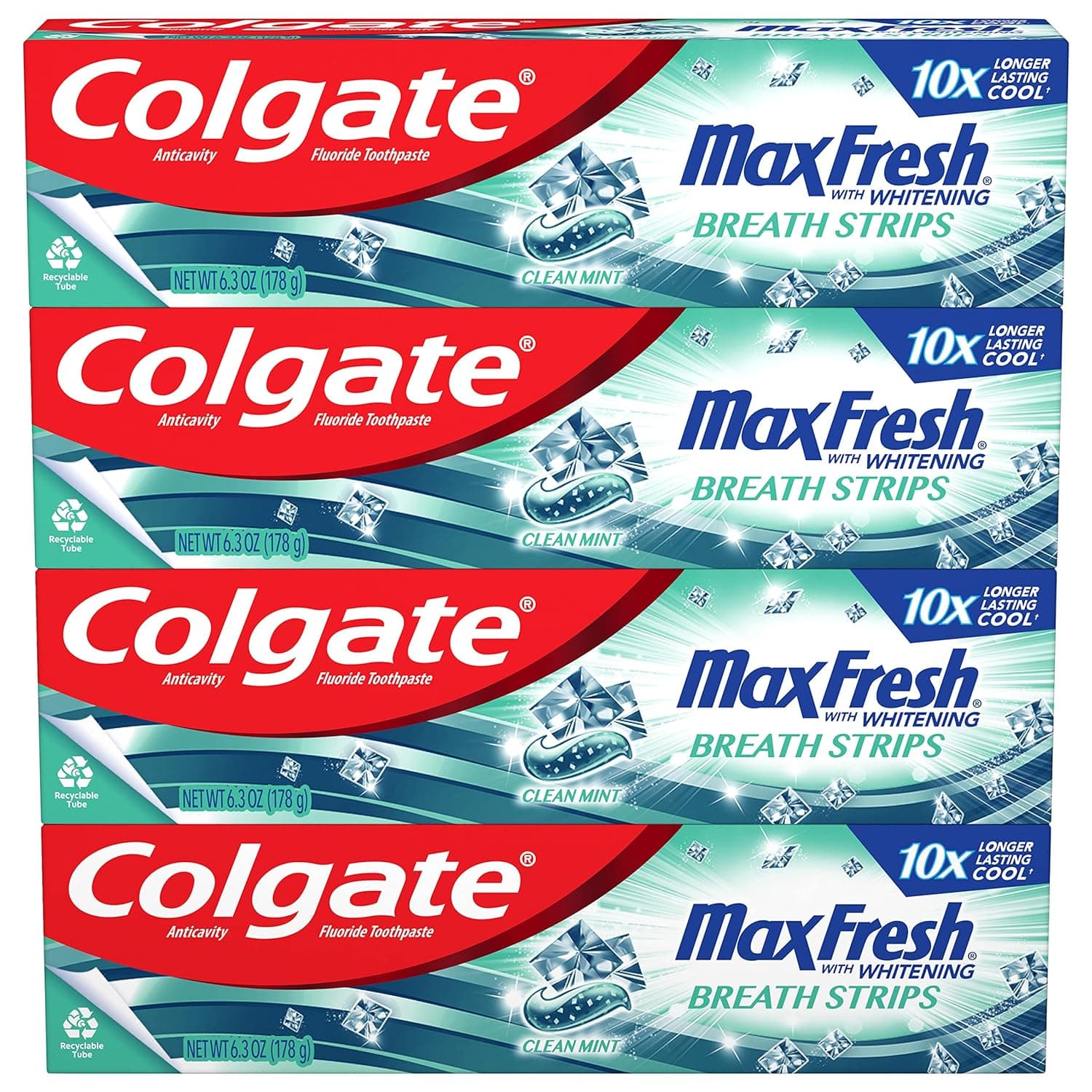 Colgate Max Fresh Whitening Toothpaste with Mini Strips, Clean Mint Toothpaste for Bad Breath, Helps Fight Cavities, Whitens Teeth, and Freshens Breath, 6.3 Ounce (Pack of 4) - Showlu Wellness Nation Store