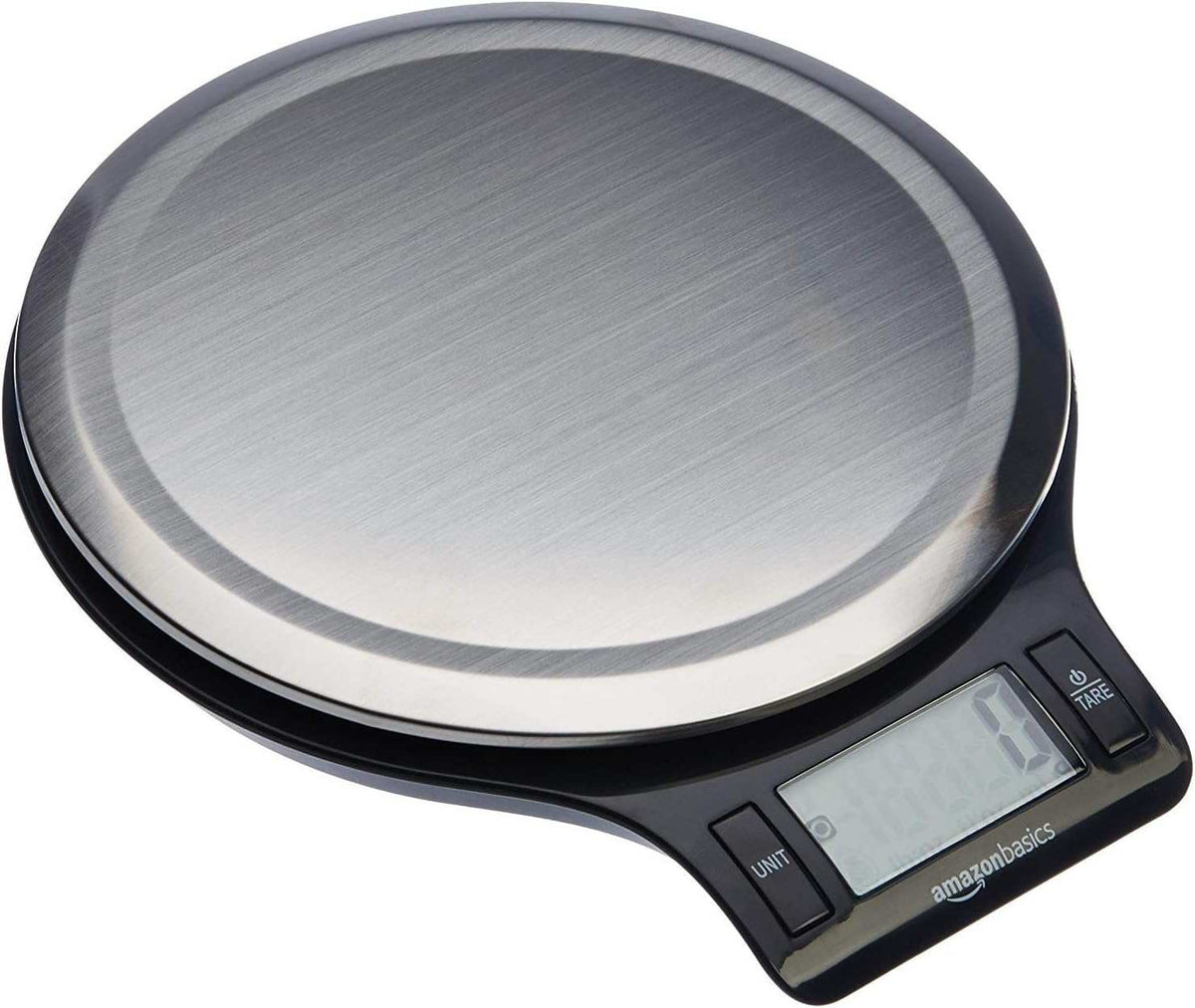 Digital kitchen scale with stainless steel platform, LCD display, tare button, and battery operated in black and stainless steel design