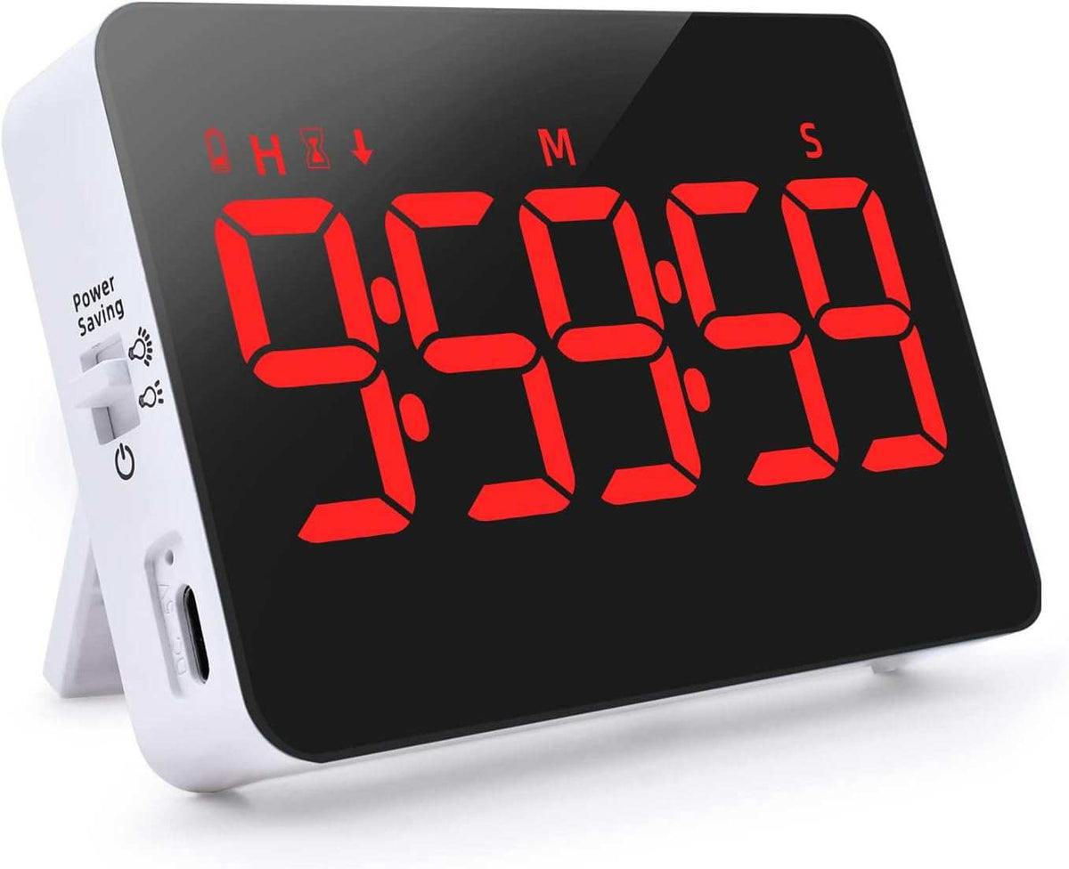 Rechargeable digital kitchen timer with large red LED display, adjustable volume and brightness, vibration mode, and multiple mounting options.