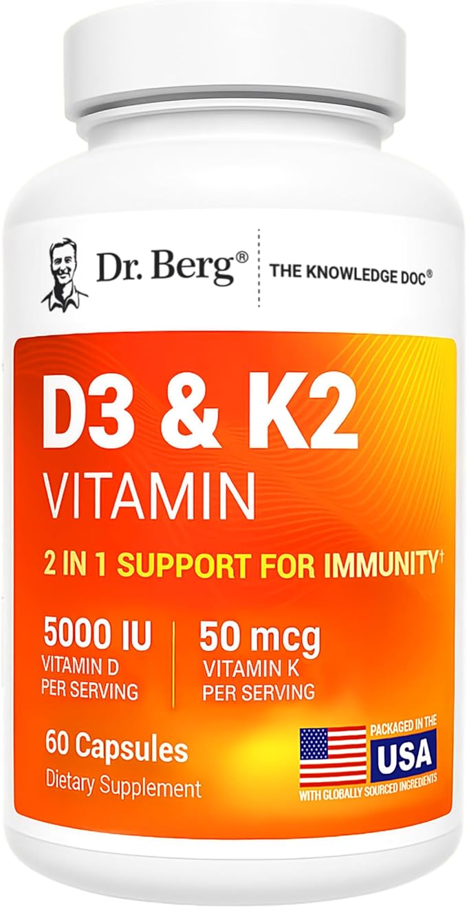 Dr. Berg Maximum Strength 7 - in - 1 Vitamin D3 K2 5000 IU | Naturally Derived D3 | 4X Lab - Tested & Verified | High Absorption Formula | K2 D3 Vitamin Supplement - 60 Capsules - Showlu Well Nation Store