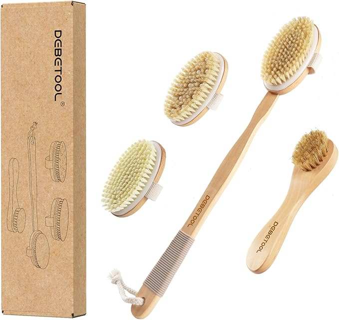 Dry Brushing Set - Natural Boar Bristle Body & Face Brush, Wooden Long Handle Scrub Brush for Cellulite & Lymphatic Drainage, Detachable, 3 Brush Heads - Showlu Well Nation Store