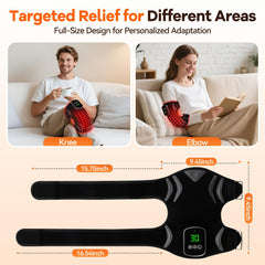 A man uses the Warming Knee Cushion with heat and massage on his knee, while a woman soothes her elbow. Shown flat (16.54 x 15.75 x 9.45 in), this cozy massager offers targeted relief for different areas.