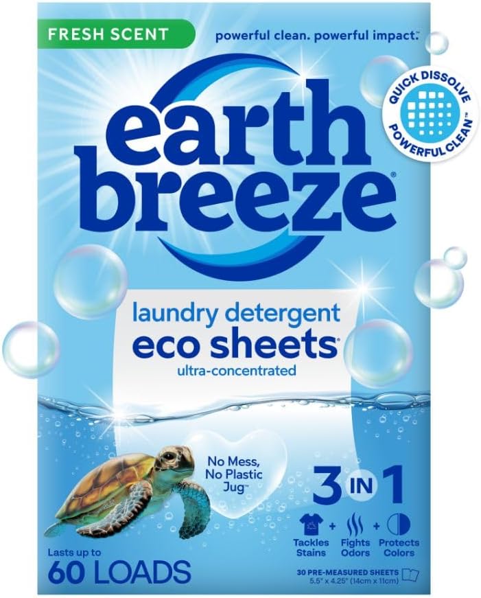 Earth Breeze Laundry Detergent Sheets Fresh Scent - 60 Loads No Plastic Jug Concentrated Laundry Detergent 30 Sheets - Showlu Well Nation Store