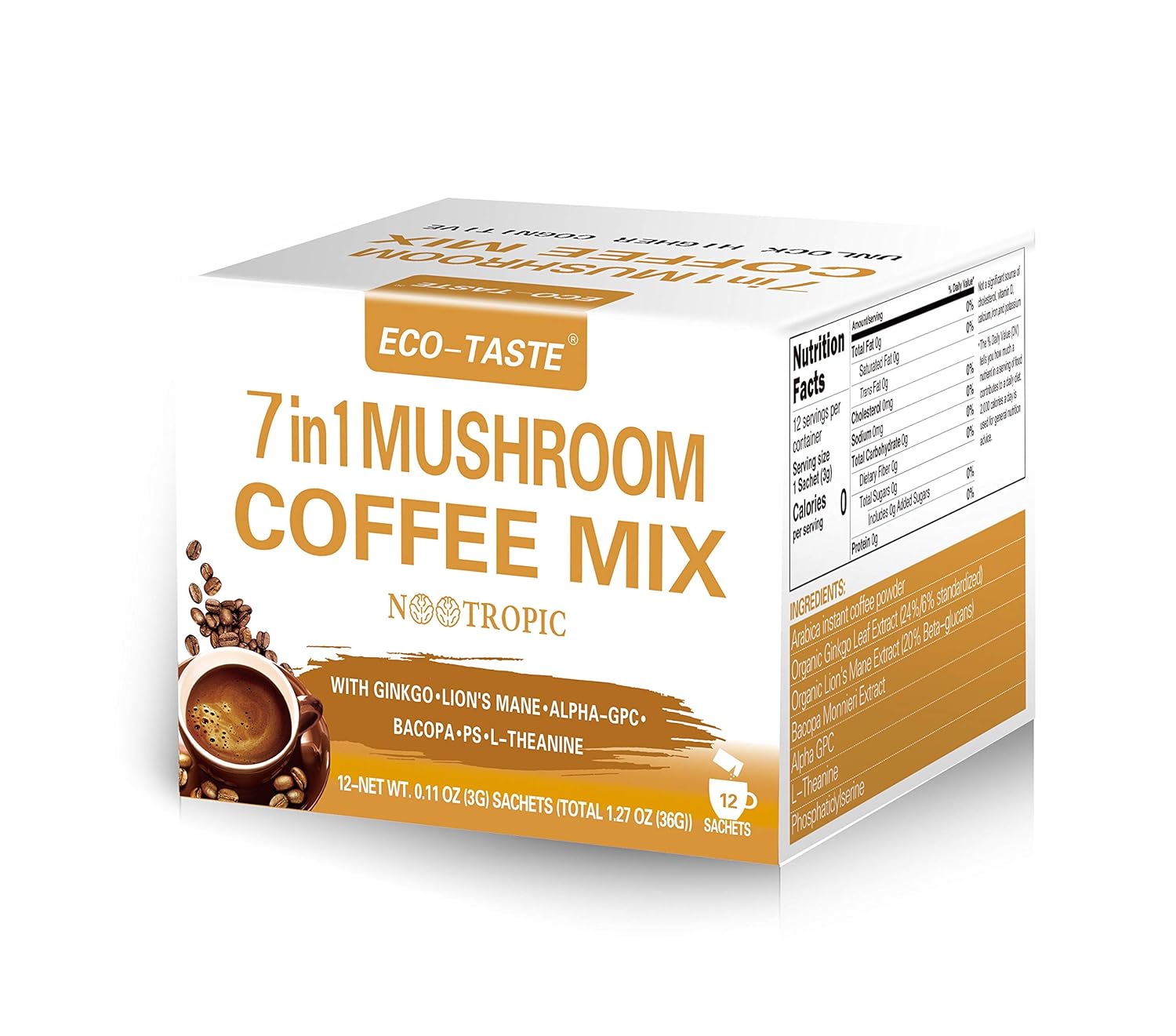 ECO - TASTE Mushroom Coffee Mix 7 in 1, with Ginkgo, Lions Mane, Alpha - GPC, Bacopa, PS, L - Theanine – 12 Sachets - Showlu Well Nation Store