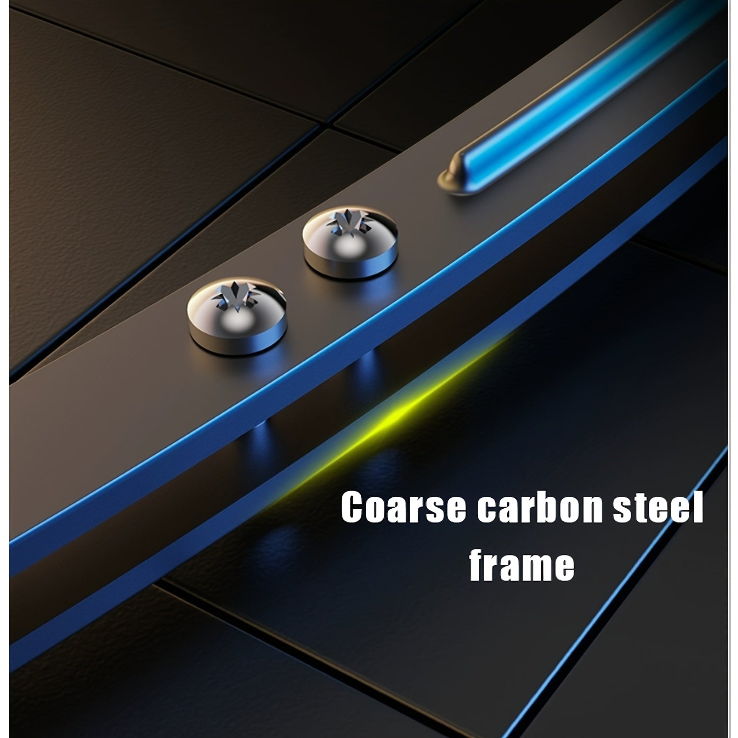 Close-up of a black carbon steel frame from the Hydraulic Adjustable Arm Trainer 22-440 lbs, highlighted by blue and yellow light. Edgy style with metal screws—perfect for unique home gym or Halloween-themed decor.