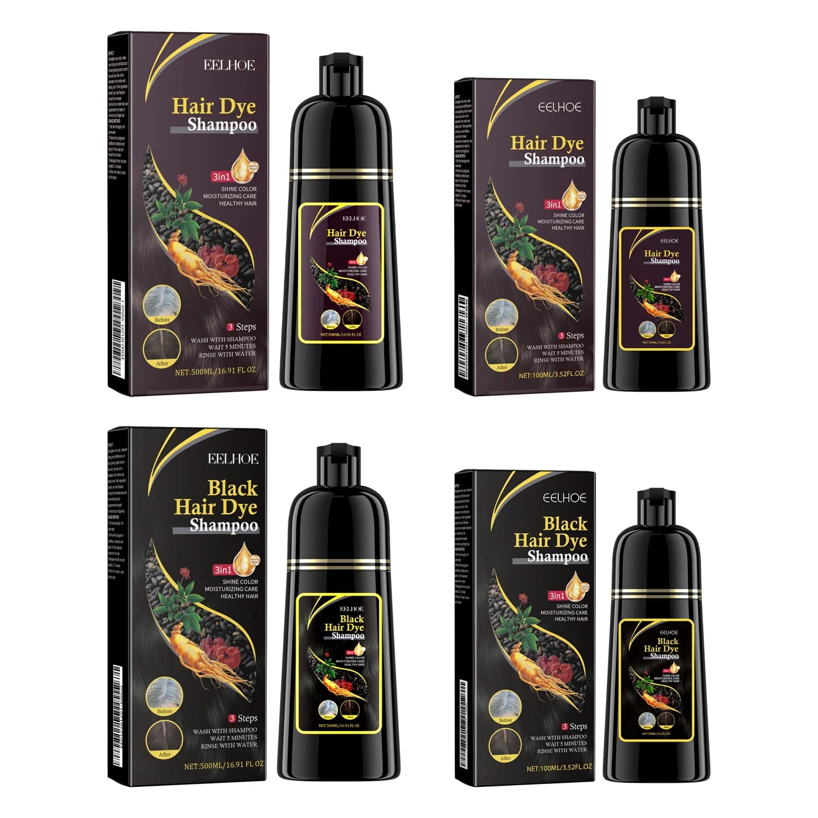 EELHOE Black Hair Dye Shampoo 3 in 1 Growth Clean Hair Darkening Deep Nourishing Black Hair Dye Shampoo Natural Organic Herbal - Showlu Well Nation Store