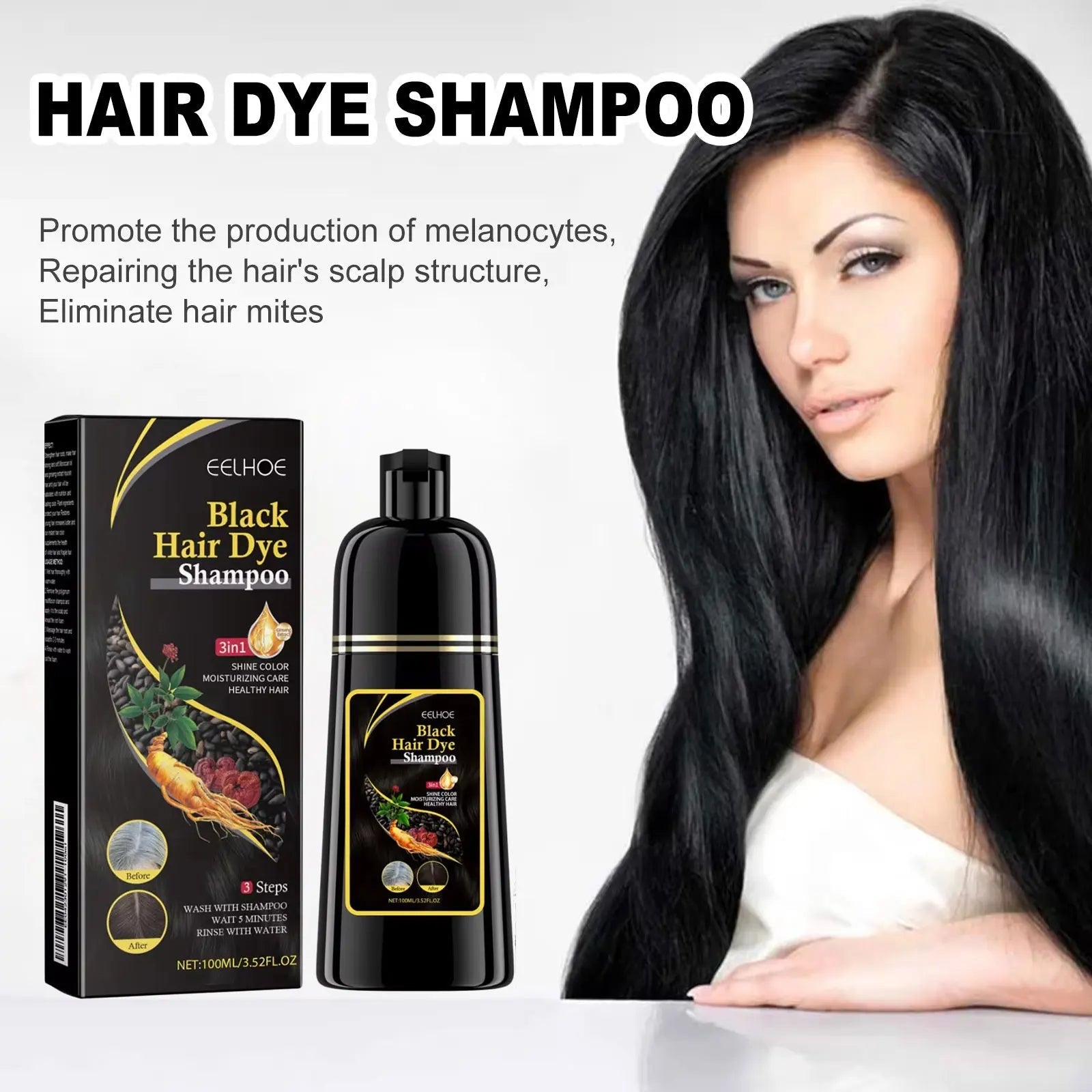EELHOE Black Hair Dye Shampoo 3 in 1 Growth Clean Hair Darkening Deep Nourishing Black Hair Dye Shampoo Natural Organic Herbal - Showlu Well Nation Store