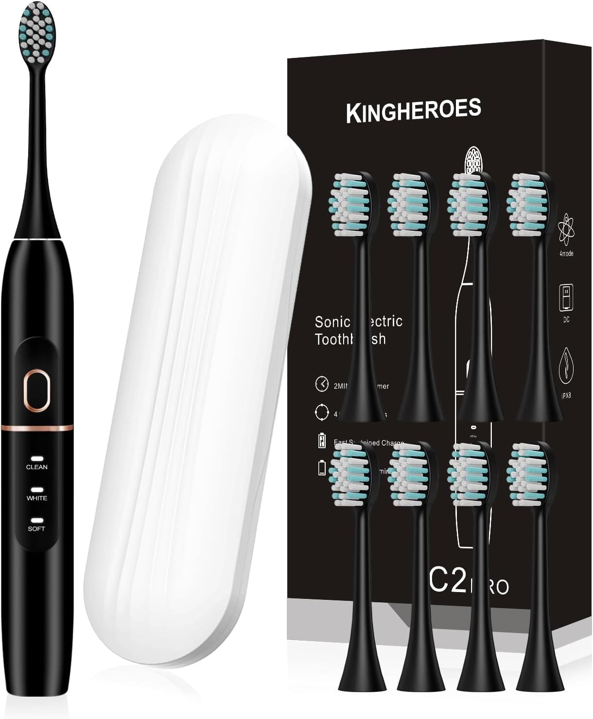 Electric Toothbrush Set, Comes with 8 Brush Heads & Travel Case,4 Modes with 2 Minutes Built in Smart Timer, One Charge for 60 Days, 42000 VPM Motor (Black) - Showlu Well Nation Store