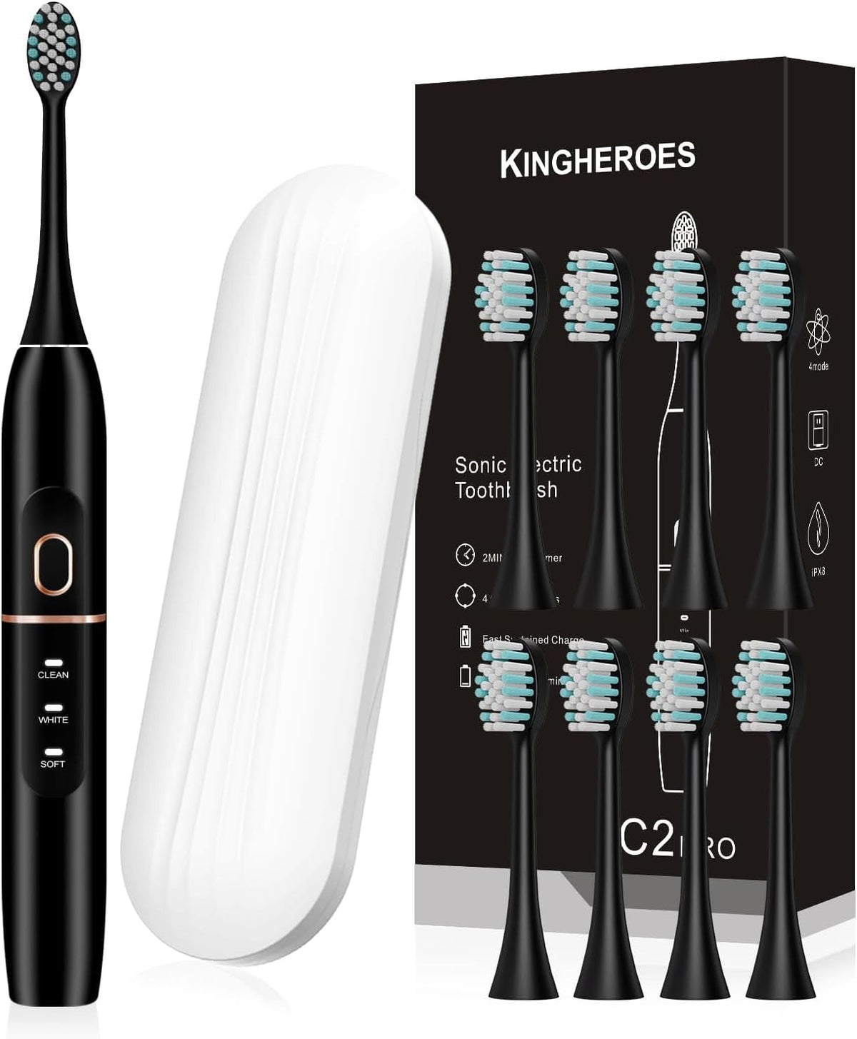 Electric Toothbrush Set, Comes with 8 Brush Heads & Travel Case,4 Modes with 2 Minutes Built in Smart Timer, One Charge for 60 Days, 42000 VPM Motor (Black) - Showlu Wellness Nation Store