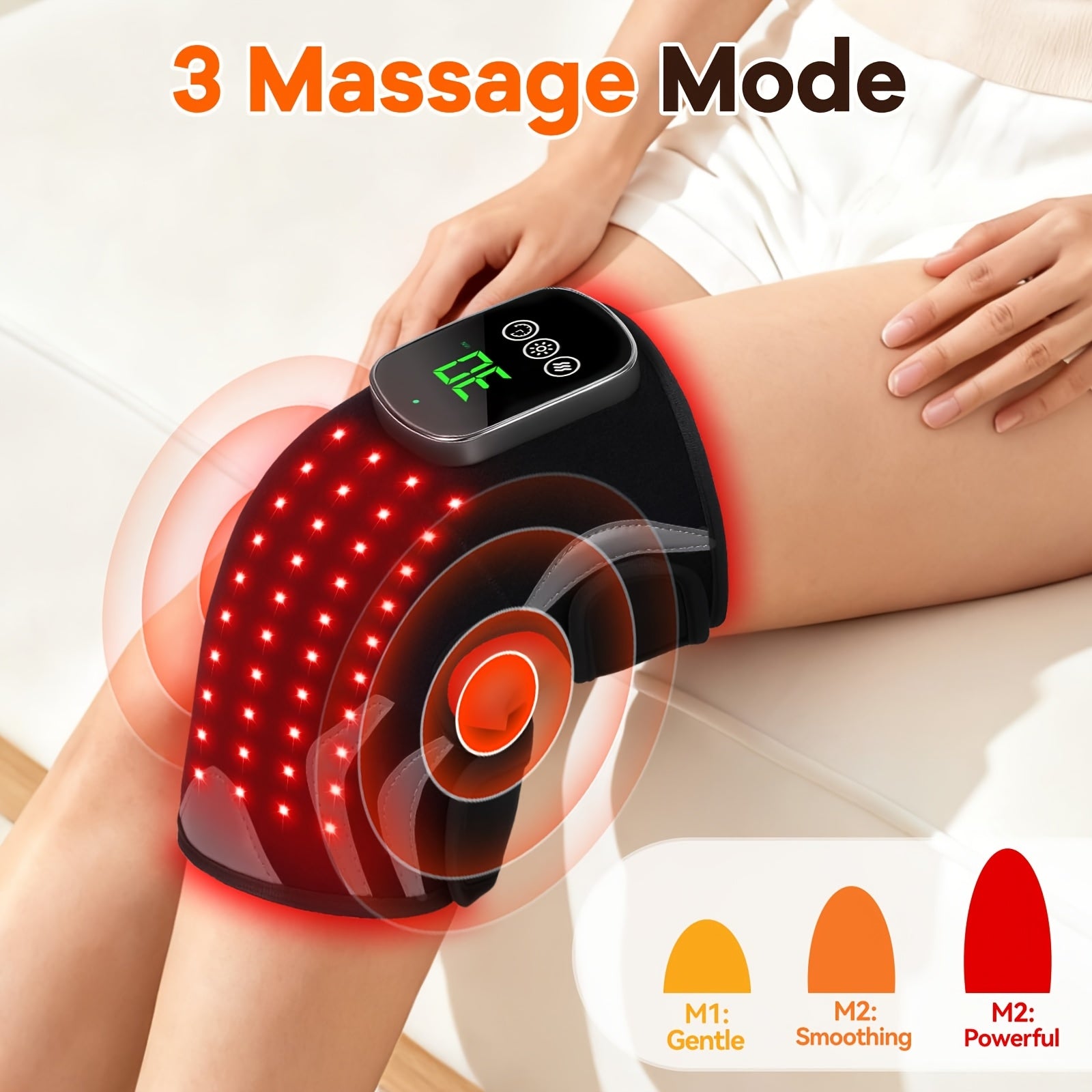 A person uses the Warming Knee Cushion, a knee support that provides heat and vibration massage. The digital display shows 3 modes: M1 Gentle, M2 Smoothing, M3 Powerful. Convenient USB charging makes powering up easy. Red LED lights add soothing warmth.