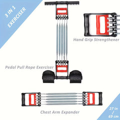 Image of the Versatile Stainless Steel Pedal Puller (27 in/69 cm), featuring labeled parts: hand grip strengthener, pedal pull rope exerciser, and chest arm expander. Adjustable resistance; black with red handles. Made in Shandong, China.
