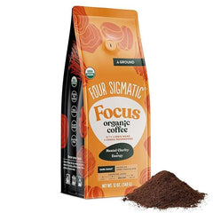 Four Sigmatic Focus organic ground coffee with Lion's Mane and Chaga mushrooms in 12oz bag with dark roast and mental clarity benefits
