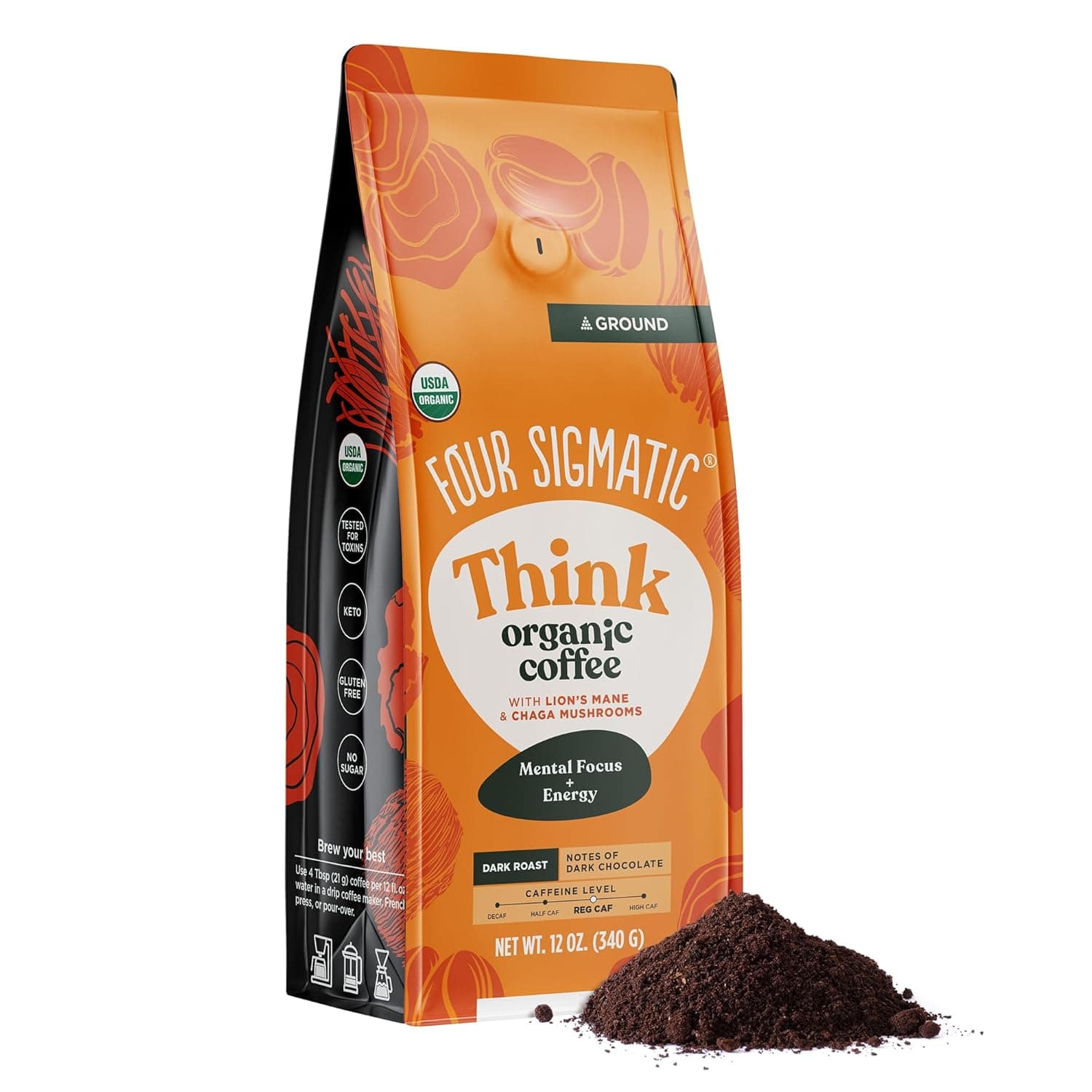 Four Sigmatic Think Mushroom Coffee | Organic Ground Coffee with Lion's Mane Mushroom and Chaga Mushroom | Nootropic Mushroom Coffee for Better Focus and Immune Support | 12oz Bag - Showlu Wellness Nation Store