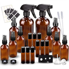 Amber glass spray bottle kit with multiple sizes, anti-UV protection, roller bottles, and accessories for aromatherapy and moisturizing.