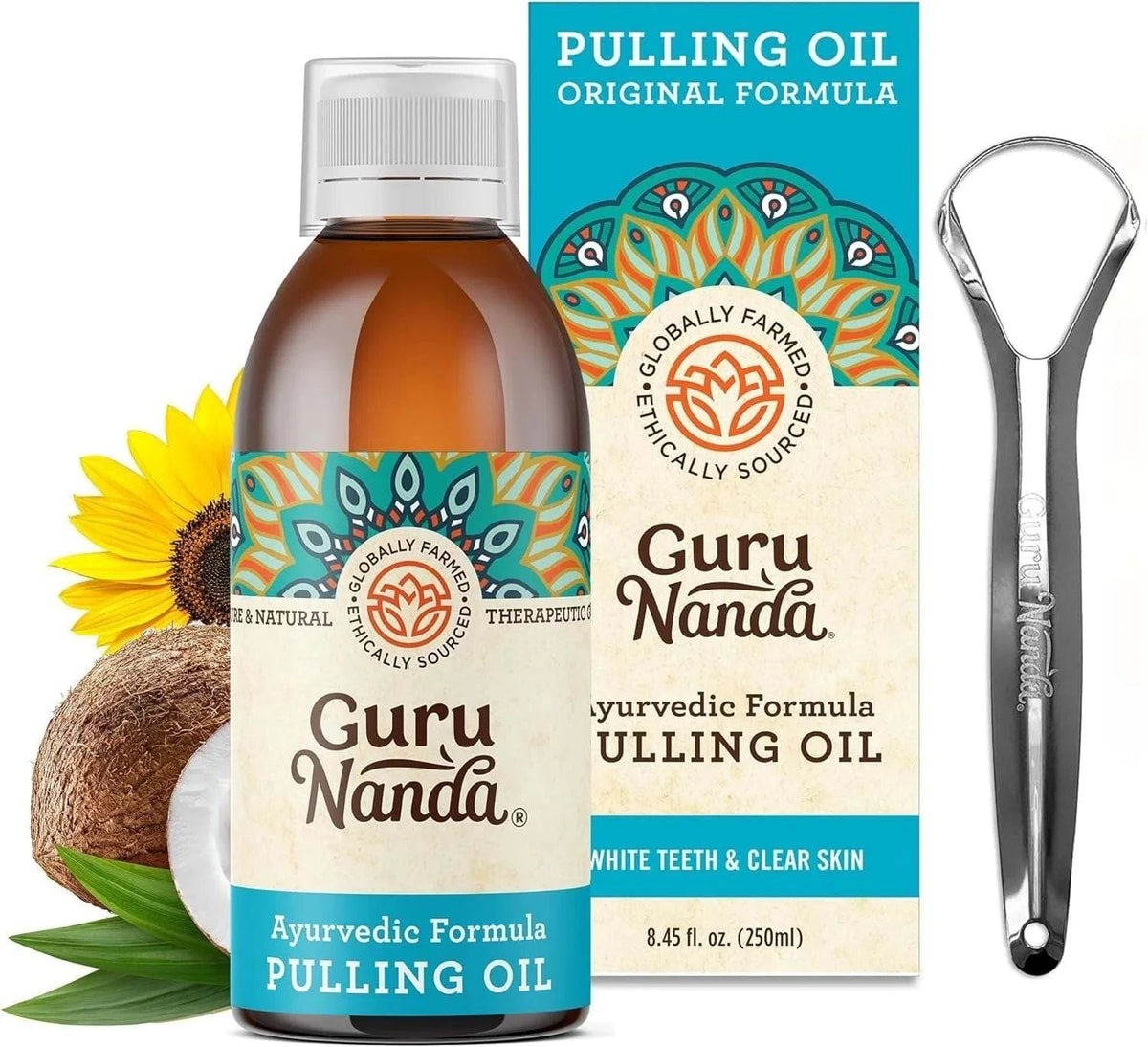 GuruNanda Original Oil Pulling With Tongue Scraper, Alcohol & Fluoride Free Mouthwash For Teeth & Gum Health & Fresh Breath (Unflavoured), 8.45 Fl Oz - Showlu Well Nation Store