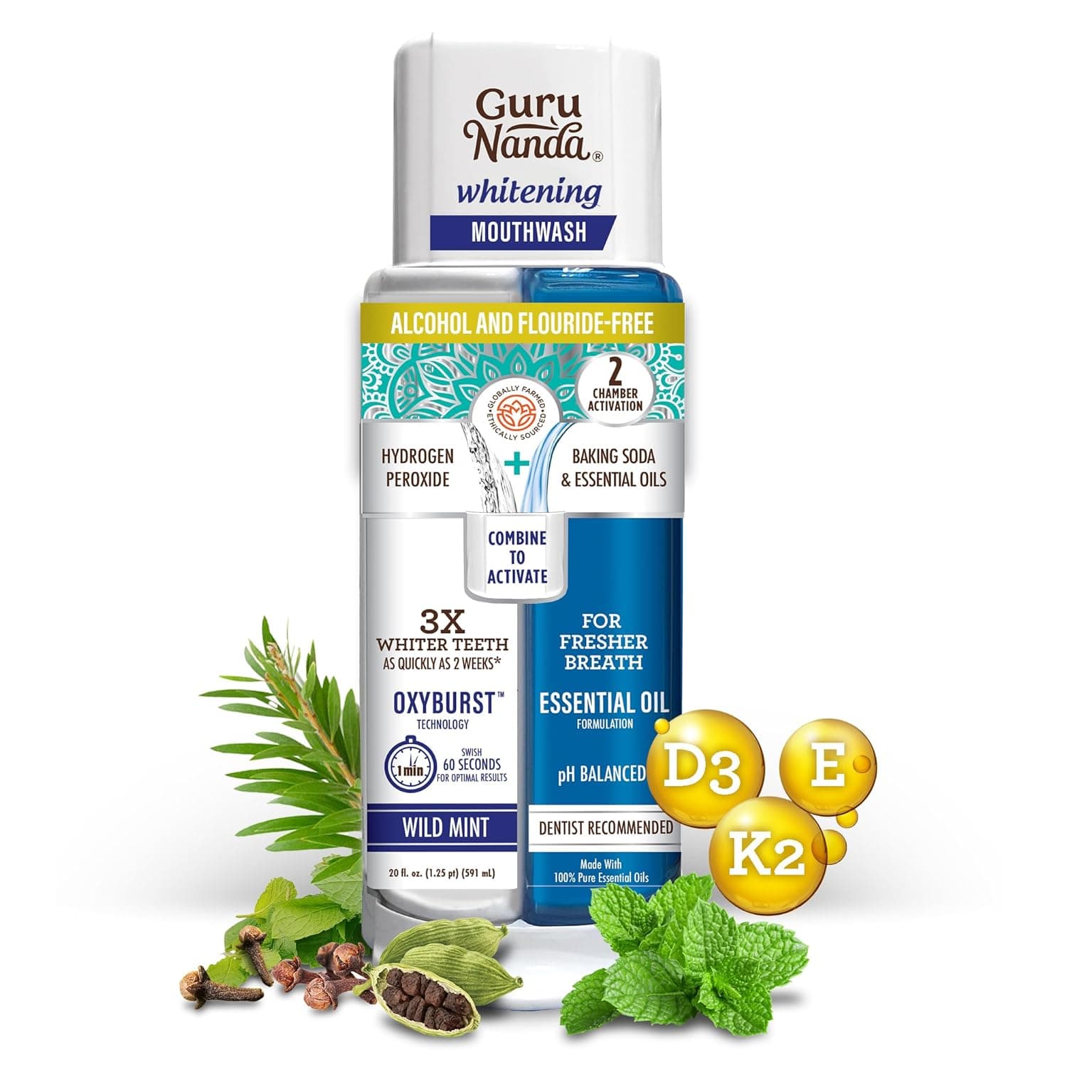 GuruNanda Teeth Whitening Dual Barrel Oxyburst Mouthwash - Alcohol & Fluoride Free with 100% Natural Essential Oils, Hydrogen Peroxide to Promote Whiter Teeth - Wild Mint - 20 Fl Oz - Showlu Well Nation Store