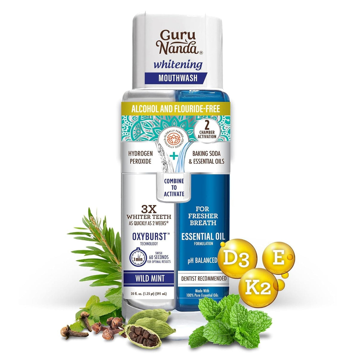 GuruNanda Teeth Whitening Dual Barrel Oxyburst Mouthwash - Alcohol & Fluoride Free with 100% Natural Essential Oils, Hydrogen Peroxide to Promote Whiter Teeth - Wild Mint - 20 Fl Oz - Showlu Well Nation Store