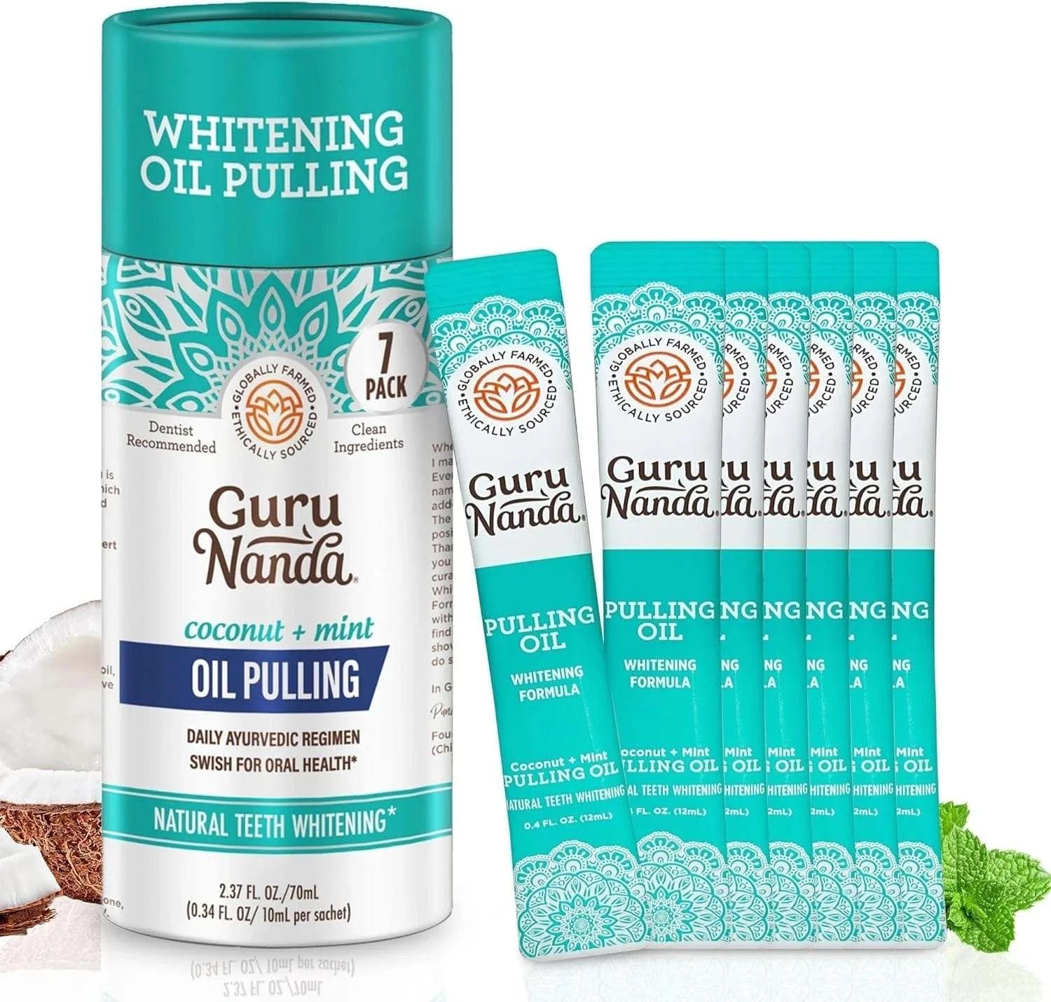 GuruNanda Travel Sachets Coconut Oil Pulling (Mickey D), 7 Essential Oils & Vitamins For Happy Gums - Fresh Breath & Whitening Mouthwash - 7 Pack - Showlu Well Nation Store