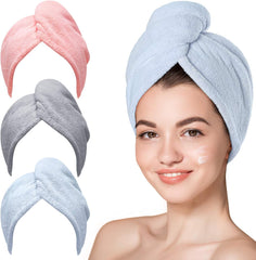 Hicober Microfiber Hair Towel, 3 Packs Hair Turbans for Wet Hair, Drying Hair Wrap Towels for Curly Hair Women Anti Frizz (Blue,Grey,Pink) - Showlu Well Nation Store