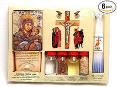 Home Blessing Kit with Bethlehem olive oil, Jerusalem incense, holy soil, Jordan River water, olive wooden cross, and six votive candles.