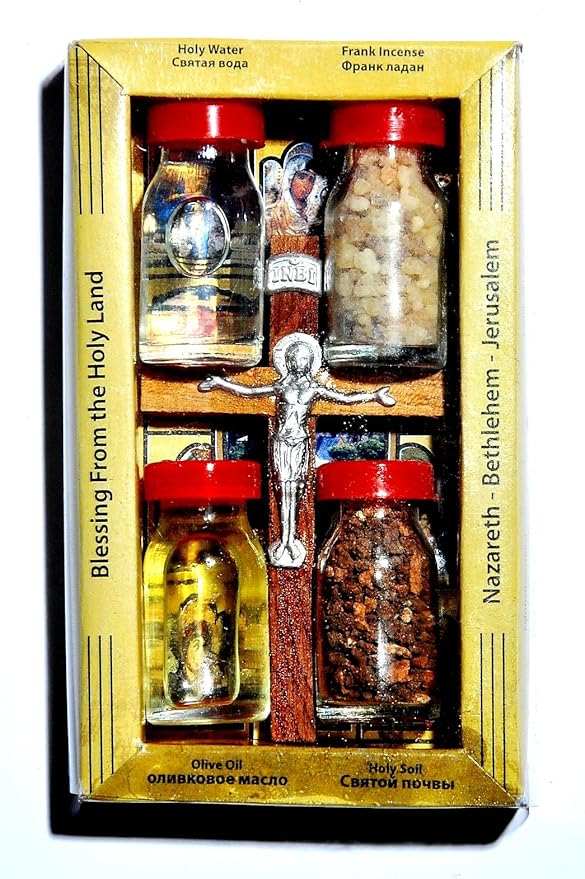 Home Blessing Kit with bottles of holy water, frankincense, olive oil, holy soil, and an olive wooden cross from Jerusalem and Bethlehem