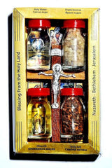 Home Blessing Kit with bottles of holy water, frankincense, olive oil, holy soil, and an olive wooden cross from Jerusalem and Bethlehem