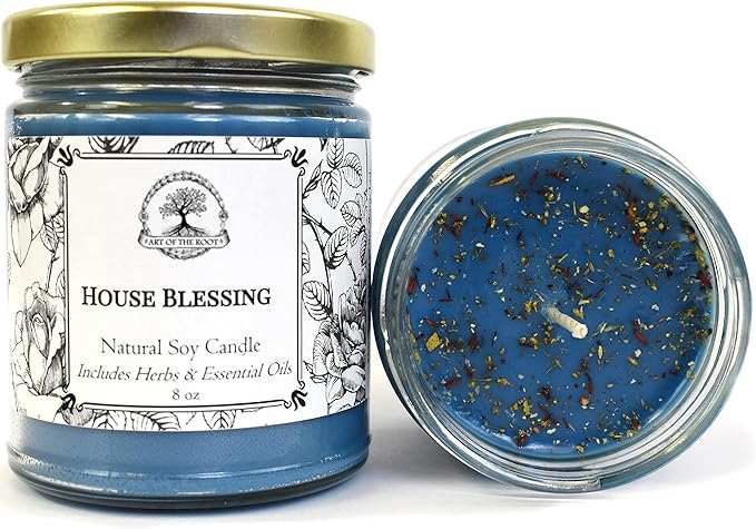 House Blessing soy herbal candle with jasmine, lavender, rosemary, and herbs in 9 oz blue jar for spiritual rituals