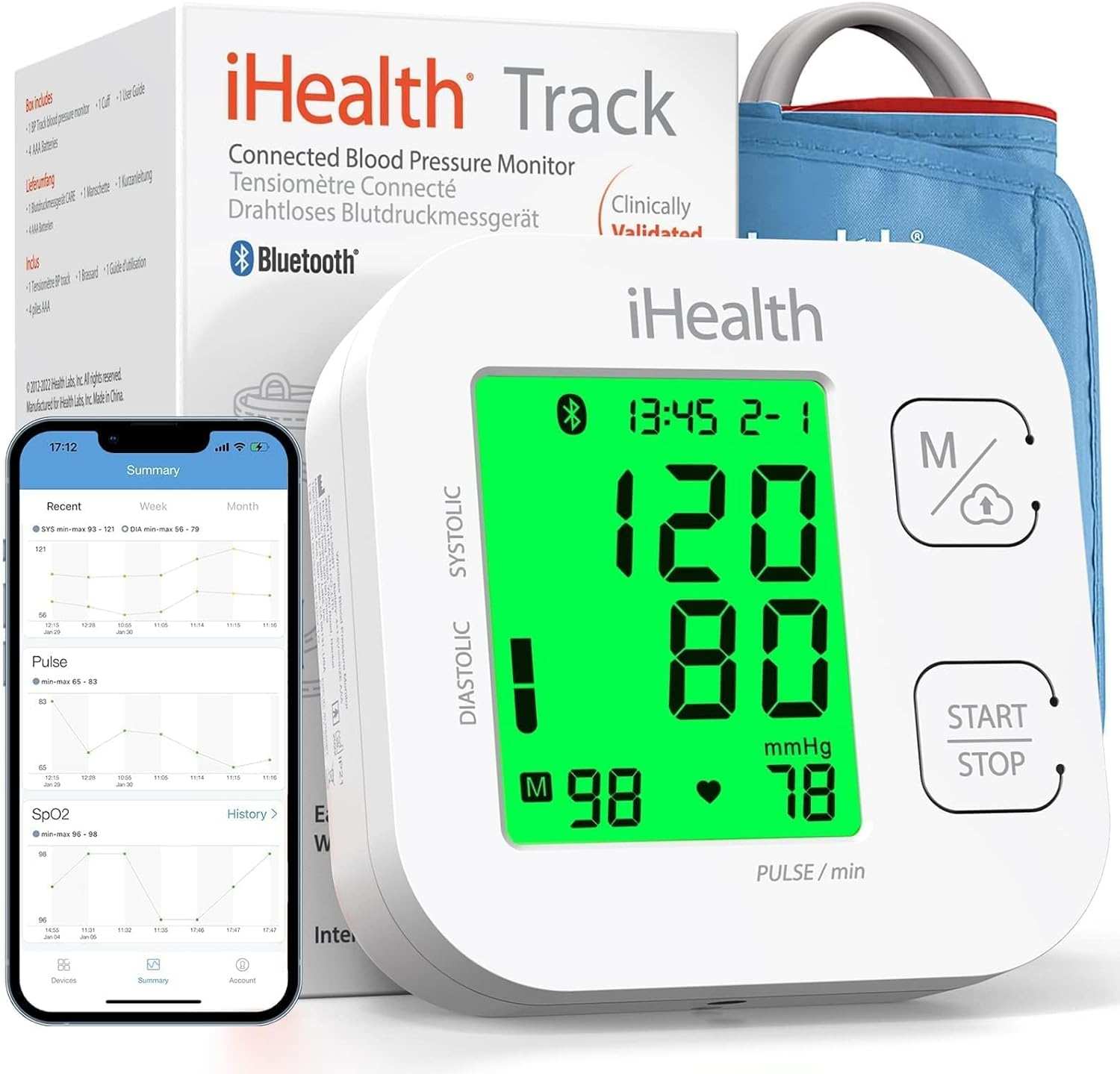 iHealth Track Smart upper arm blood pressure monitor with large backlit display, Bluetooth compatible, wide cuff, and smartphone app integration