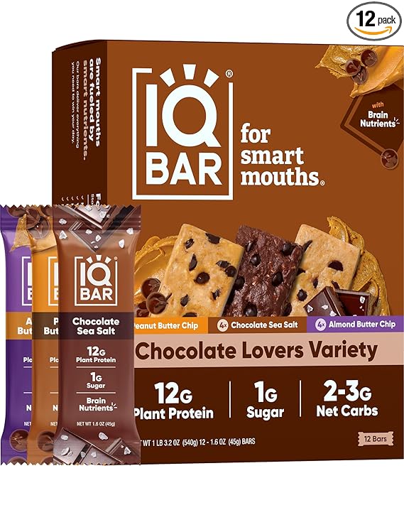 IQBAR Brain and Body Plant Protein Bars - Chocolate Lovers Variety - 12 - Count Low Carb - Gluten Free, High Fiber, Vegan Snacks - Low Sugar Meal Replacement - Showlu Well Nation Store