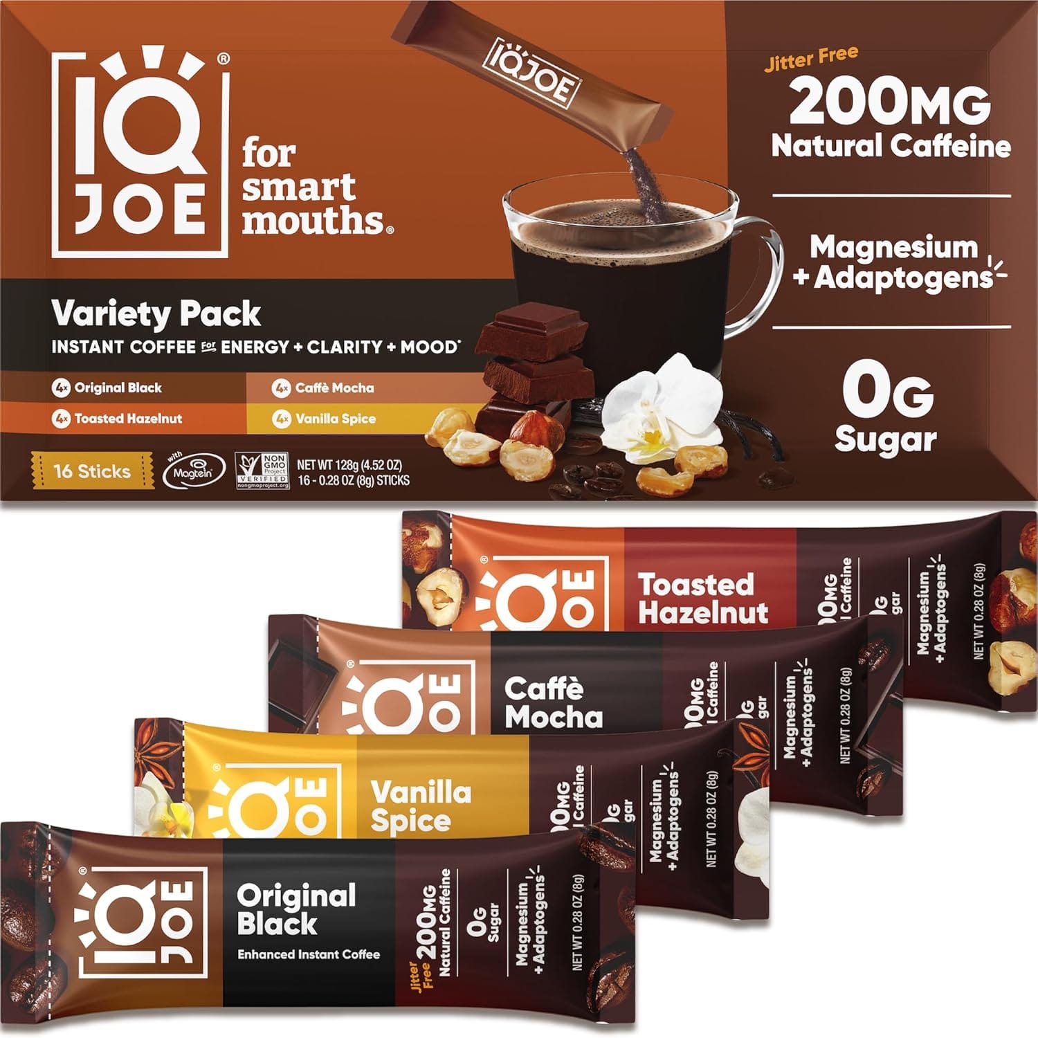 IQJOE Instant Mushroom Coffee Packets with Lion’s Mane and Magtein Magnesium L - Threonate - New Variety Pack - Clarity and Mood Enhancing - Sugar Free, Keto, Vegan - 200mg Natural Caffeine - 16 Count - Showlu Well Nation Store