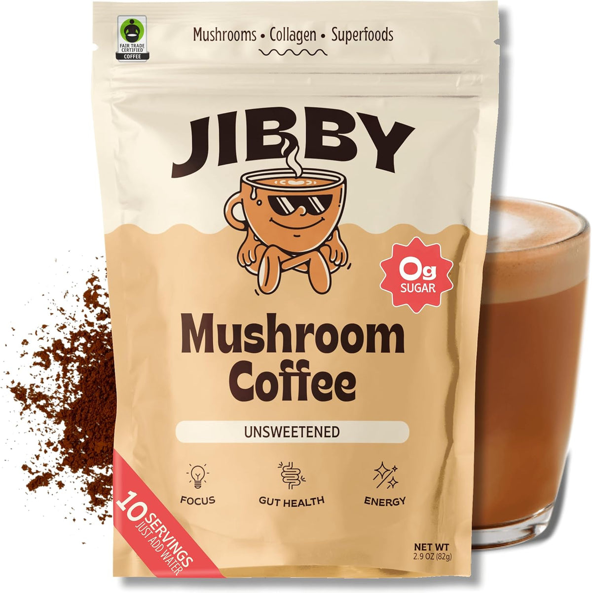 Jibby Mushroom Coffee - Organic Instant Coffee Powder with Collagen, MCT Oil, Superfood Mushrooms - Detox Mushroom Coffee Powder for Energy, Focus, Digestion, and Gut Health - 10 Servings - Showlu Well Nation Store