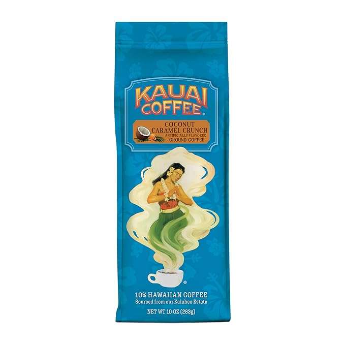 Kauai Coffee Ground Coffee – Smooth, Rich, Medium Roast – Nutty Caramel and Tropical Coconut – Arabica Coffee, 10% Hawaiian with No Bitterness – Coconut Caramel Crunch, 1 Pack of 10oz - Showlu Well Nation Store