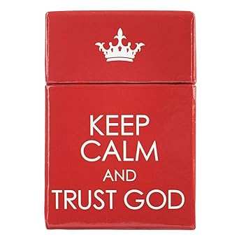 Red box set of inspirational scripture cards titled Keep Calm and Trust God with white crown and block letters on the lid