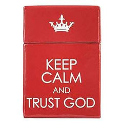 Red box set of inspirational scripture cards titled Keep Calm and Trust God with white crown and block letters on the lid
