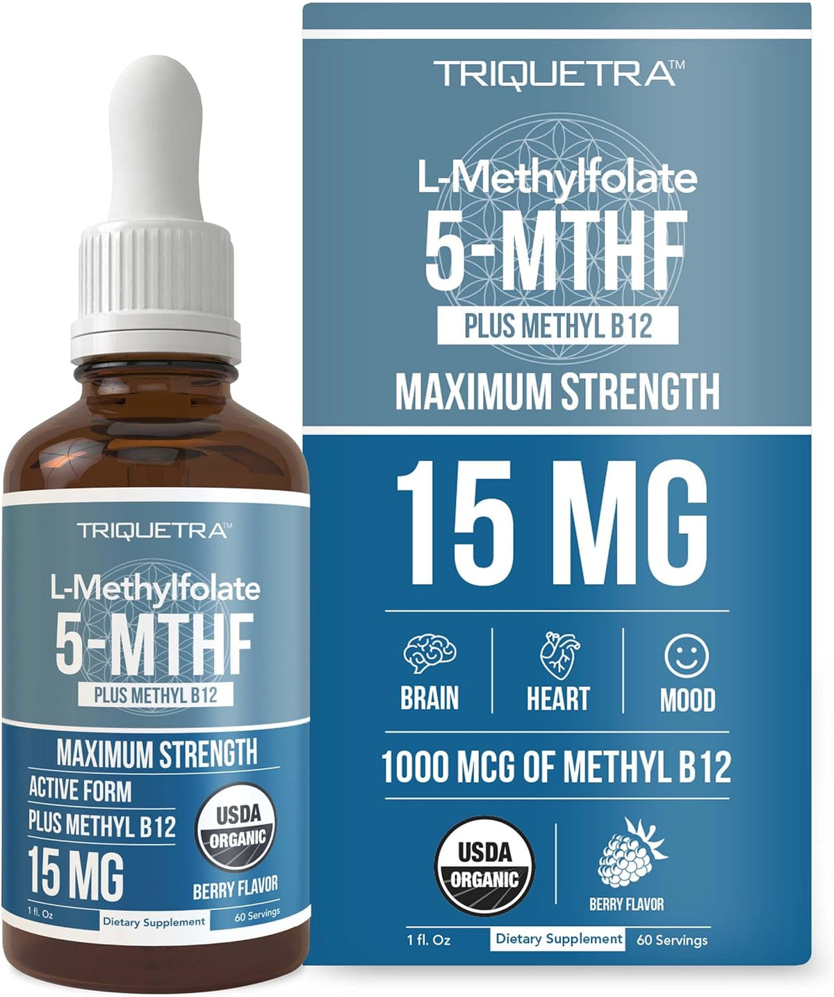 L Methyl Folate 15mg Plus Methyl B12 Cofactor – Organic, Berry Flavor, Professional Strength, Liquid Sublingual, Active 5 - MTHF Form - Supports Mood, Homocysteine Methylation, Cognition (1oz) - Showlu Well Nation Store