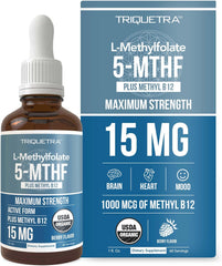 L Methyl Folate 15mg Plus Methyl B12 Cofactor – Organic, Berry Flavor, Professional Strength, Liquid Sublingual, Active 5 - MTHF Form - Supports Mood, Homocysteine Methylation, Cognition (1oz) - Showlu Well Nation Store