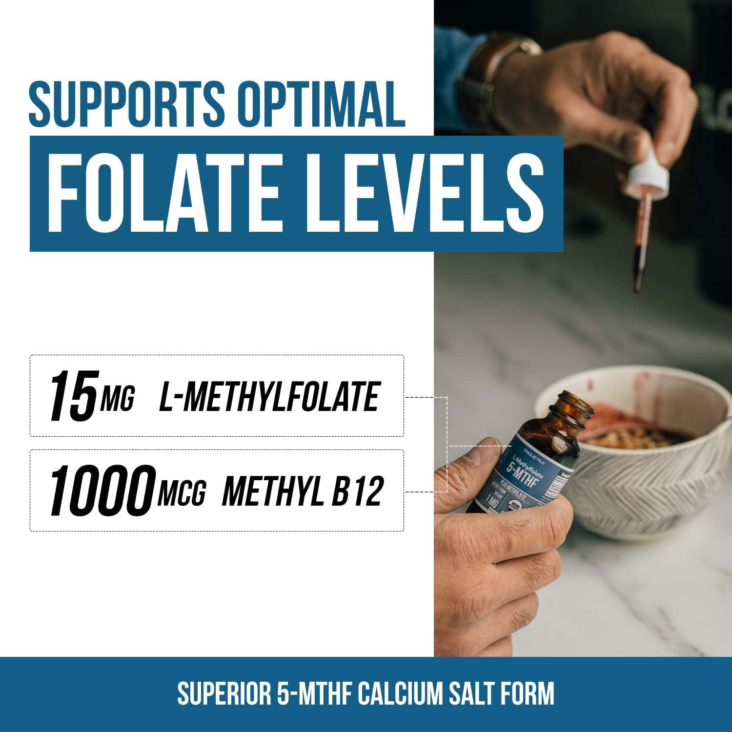 L Methyl Folate 15mg Plus Methyl B12 Cofactor – Organic, Berry Flavor, Professional Strength, Liquid Sublingual, Active 5 - MTHF Form - Supports Mood, Homocysteine Methylation, Cognition (1oz) - Showlu Well Nation Store