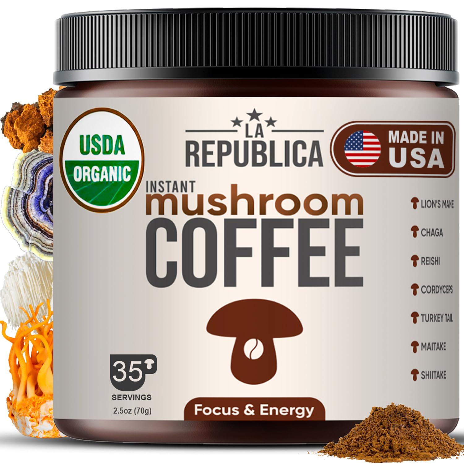La Republica Organic Mushroom Coffee (35 Servings) Full - Fruiting Bodies no mycilium, Arabica w/Lion's Mane, Reishi, Chaga, Cordyceps, Shiitake, Maitake, and Turkey Tail - Showlu Well Nation Store